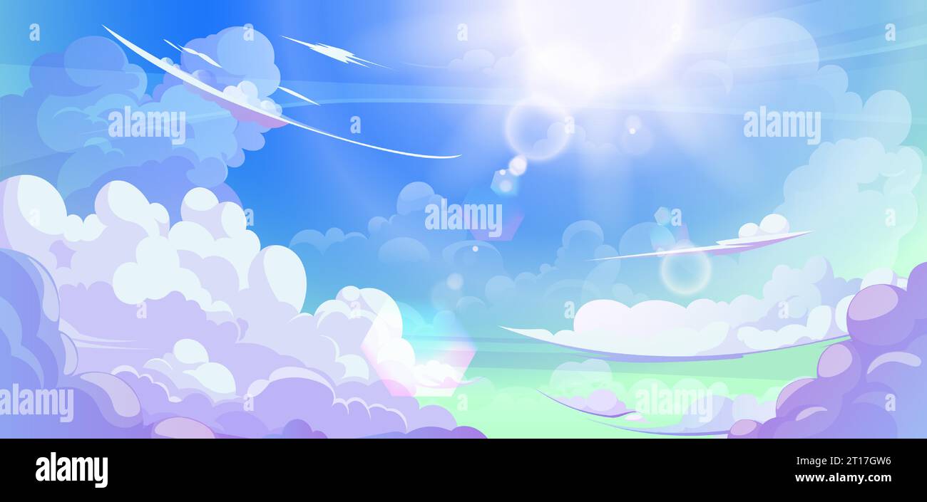 Anime cloud in blue heaven sky vector background. Summer abstract cloudy air design with gradient and sun light with reflection. Beautiful calm morning game outdoor panorama with sunshine painting. Stock Vector