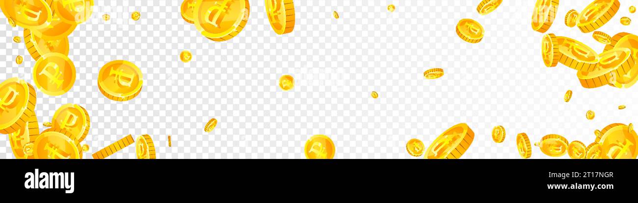 Russian ruble coins falling. Scattered gold RUB coins. Russia money ...