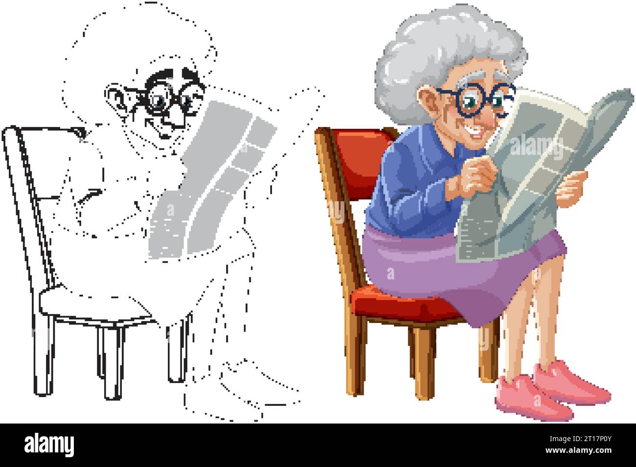 An elderly woman wearing glasses reads a newspaper on a vintage chair ...