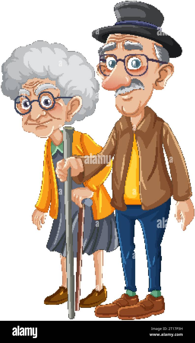 An endearing cartoon illustration of old grandparents taking a ...