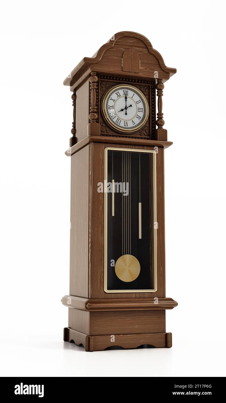 Antique pendulum clock isolated on white background. 3D illustration. Stock Photo
