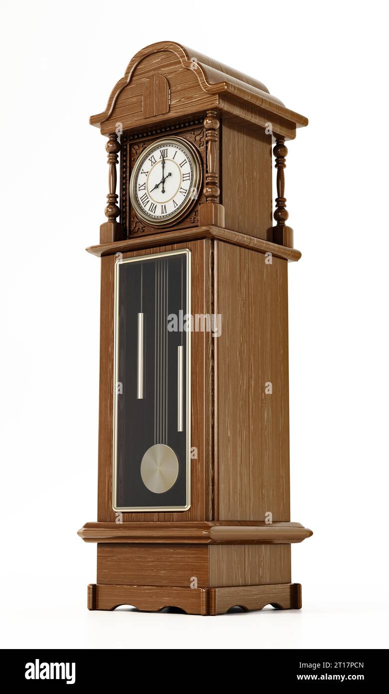 Antique pendulum clock isolated on white background. 3D illustration. Stock Photo