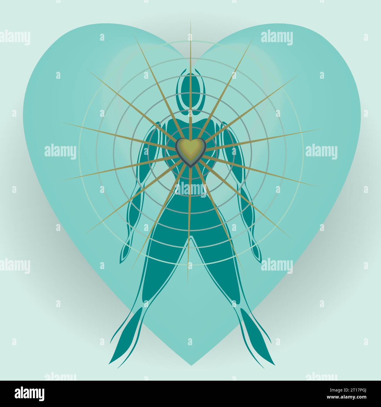 Human Body with Big Heart Radiating Rays of Light, Cardiac Coherence, Love, Health, Relaxing, Rebalancing, Expansion Network Lightworker, Meditation Stock Vector