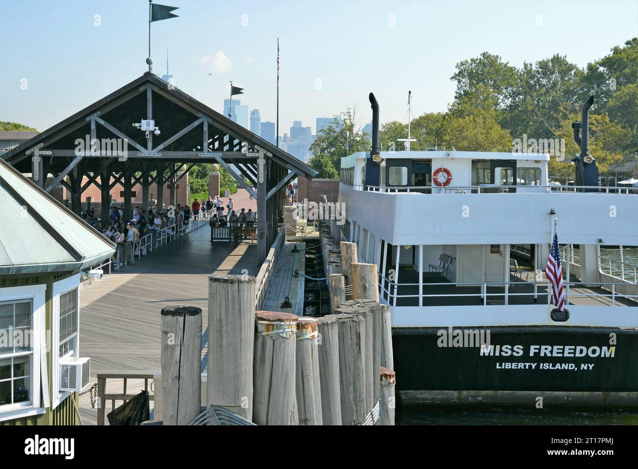 Miss Ellis Island ferry at Statue of Liberty National Monument, Liberty Island, New York, New York State, United States of America Stock Photo