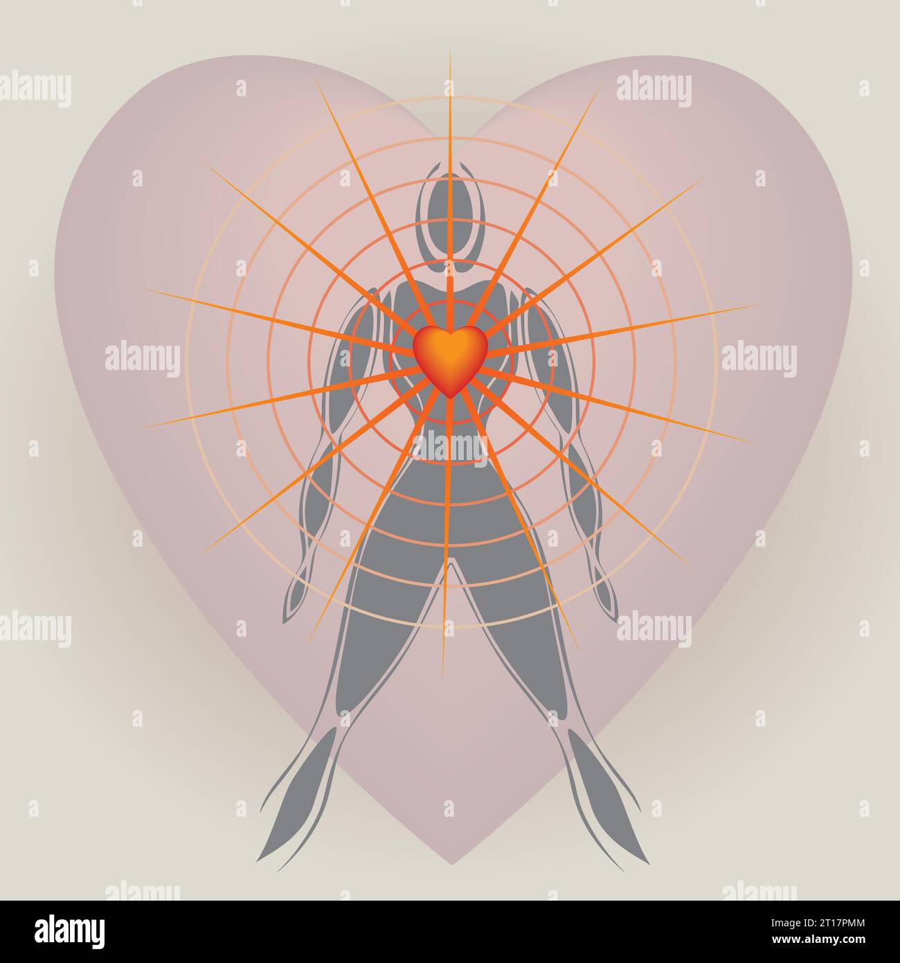 Human Body with Big Heart Radiating Rays of Light, Cardiac Coherence, Love, Health, Relaxing, Rebalancing, Expansion Network Lightworker, Meditation Stock Vector