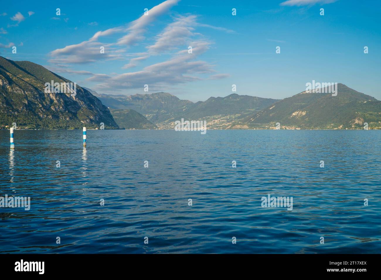 View across Lago d'Iseo (lake iseo) towards Monte Isola and Sulzano Lombardy Italy. September 2023 Stock Photo