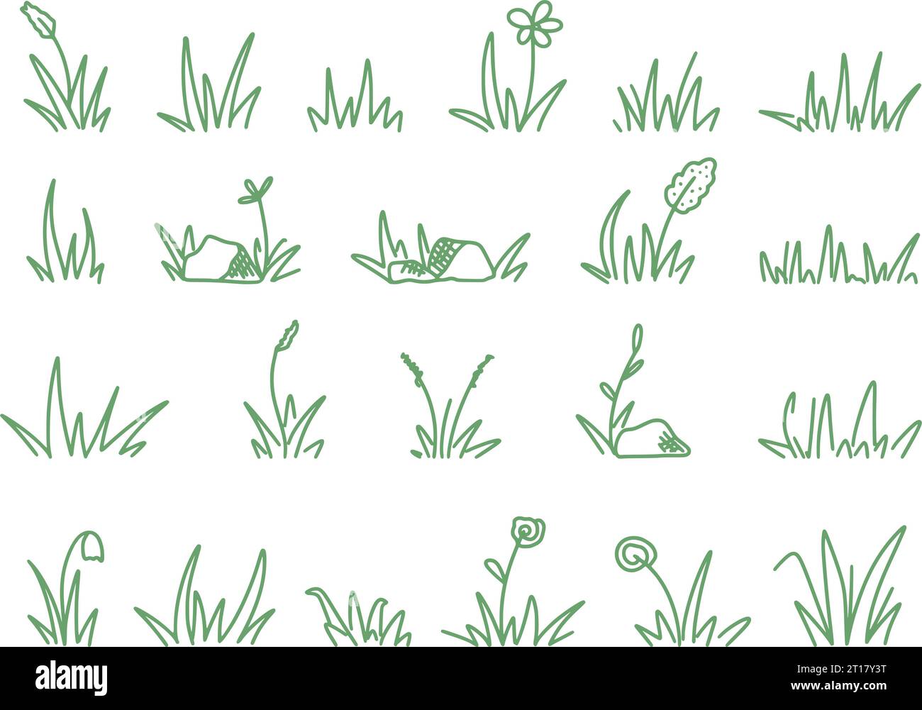 Set grass doodle sketch styles. Hand drawn grass field, wild flowers and herbs. Sprout, flower, clover elements, stones, herbal bundle, clip art Stock Vector