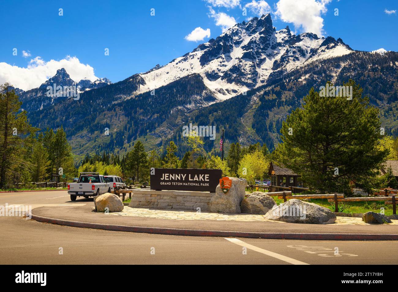 Welcome sign at the entrance to Jenny Lake in Grand Teton National Park, Wyoming Stock Photo