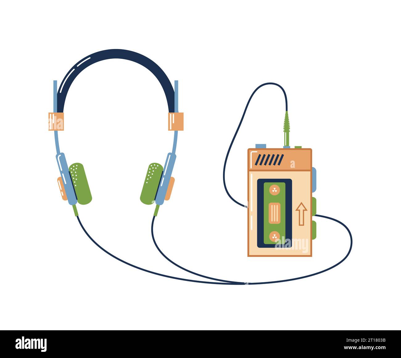 Vintage cassette portable audio player with headphones. 90s music. Retro style illustration. In earth tones. For stickers, posters, postcards, design Stock Vector