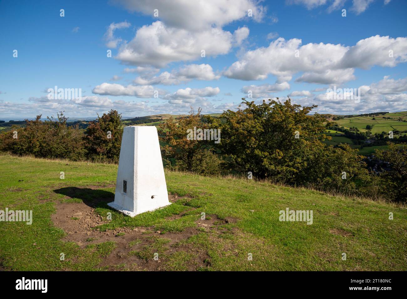 Trig point on the summit of Kerridge Hill near Macclesfield, Cheshire, England. Stock Photo