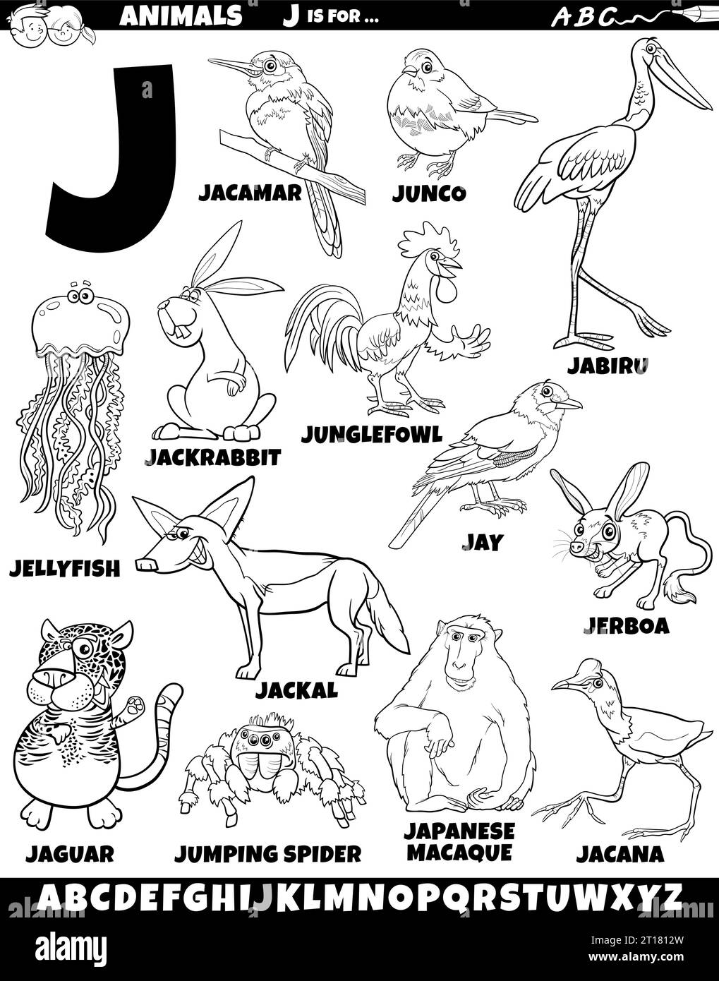 Cartoon illustration of animal characters set for letter J coloring page Stock Vector