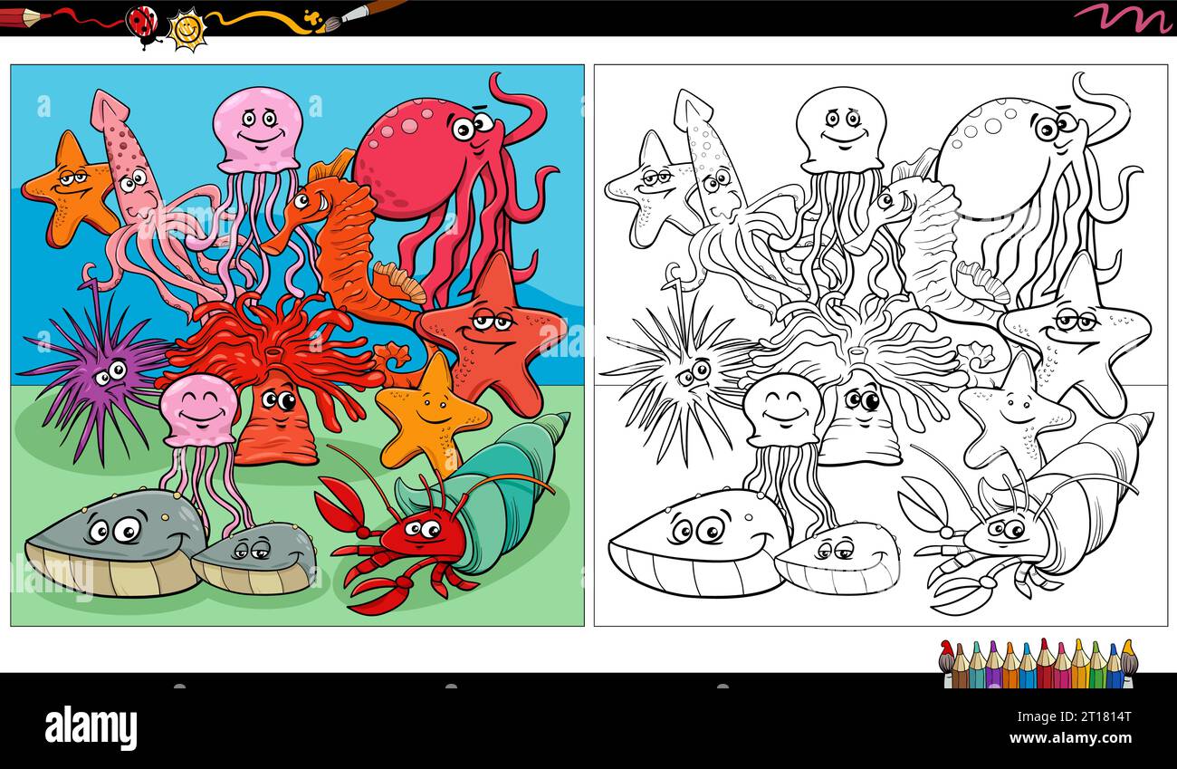 Cartoon illustration of fish and sea life animal characters group ...