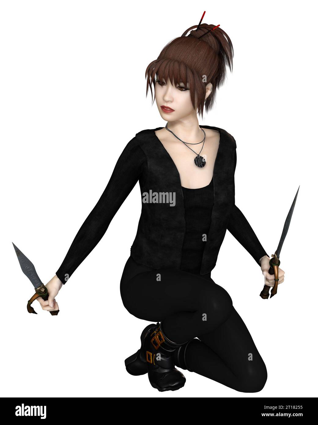 Female Asian Assassin with Swords, Kneeling Stock Photo