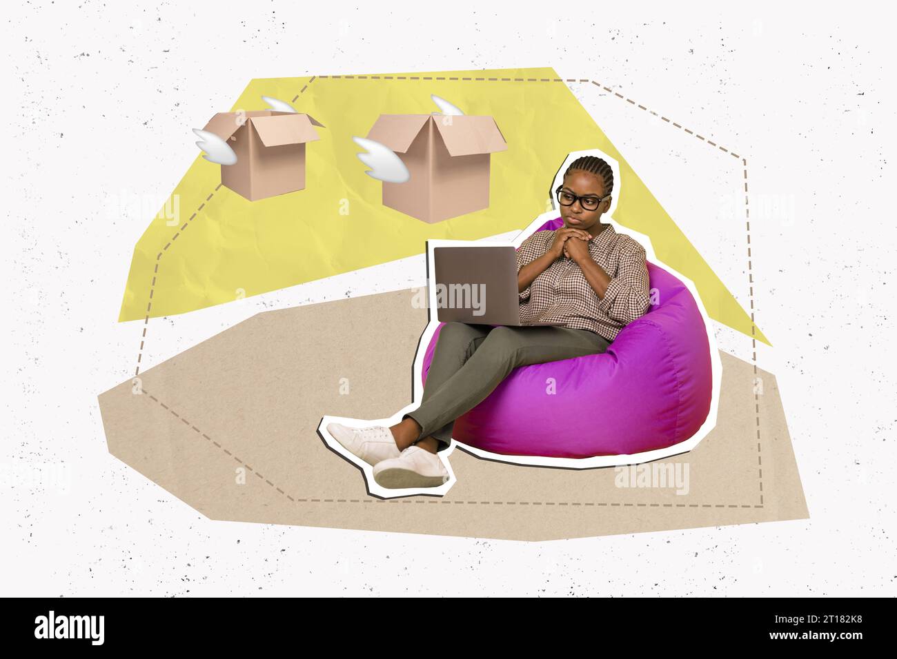 Creative composite photo concept collage of minded woman sit in bean