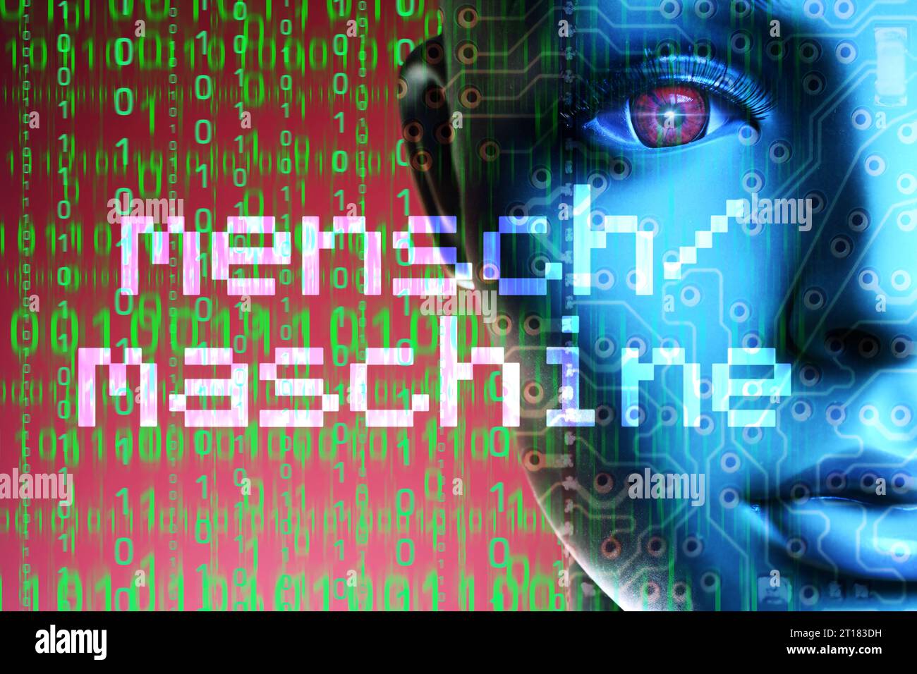 FOTOMONTAGE, Künstliche Frauenfigur mit Computercode und Aufschrift Mensch/Maschine Stock Photo