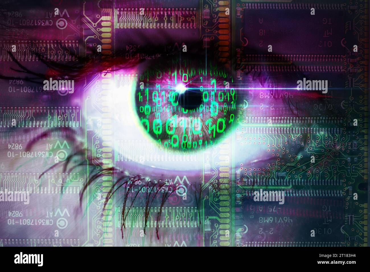 FOTOMONTAGE, Auge einer Frau mit Binärcode, Symbolfoto künstliche Intelligenz Stock Photo