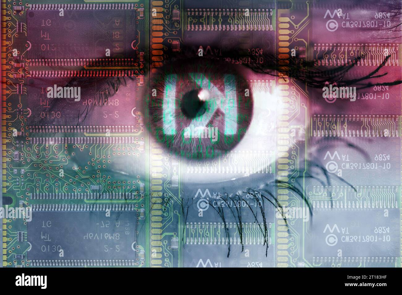 FOTOMONTAGE, Auge einer Frau mit Binärcode und dem Schriftzug KI, Symbolfoto künstliche Intelligenz Stock Photo