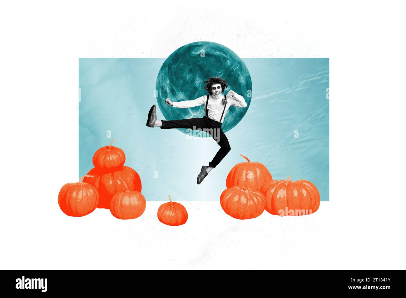 Collage 3d image of pinup pop retro sketch of excited dancing mexican gentleman caballero halloween party dancer full moon pumpkins decor Stock Photo