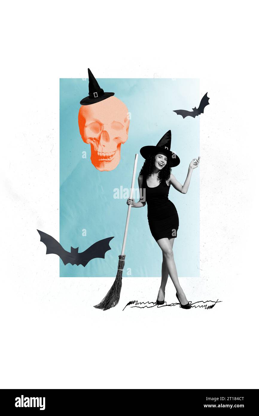 Vertical composite creative photo collage of happy witch hold broomstick prepare for halloween night isolated on painted background Stock Photo
