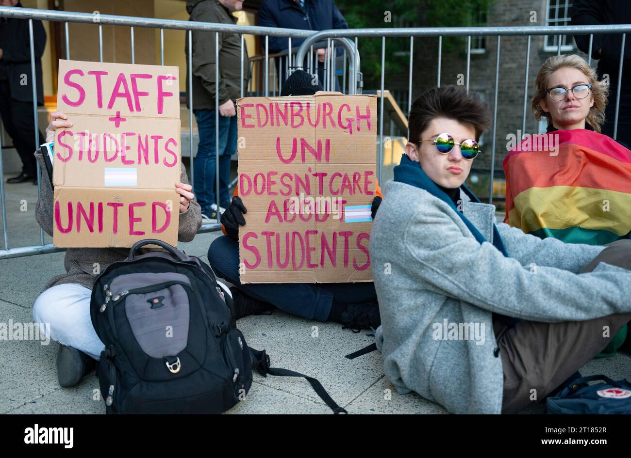 Edinburgh 11th October 2023.  Pro Trans protestors stage demonstration and try to prevent ticket holders entering the venue at Edinburgh University Stock Photo