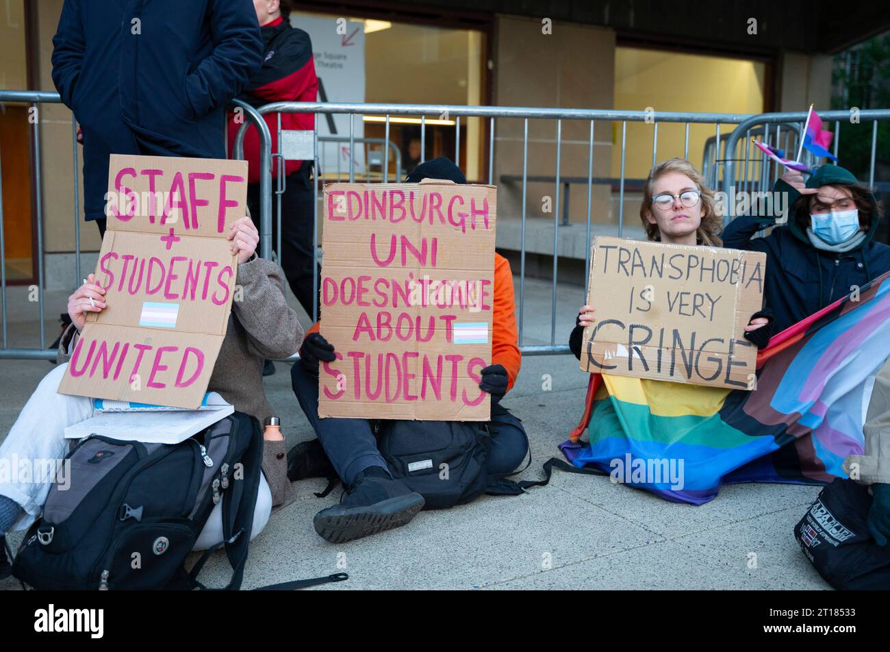 Edinburgh 11th October 2023.  Pro Trans protestors stage demonstration and try to prevent ticket holders entering the venue at Edinburgh University Stock Photo