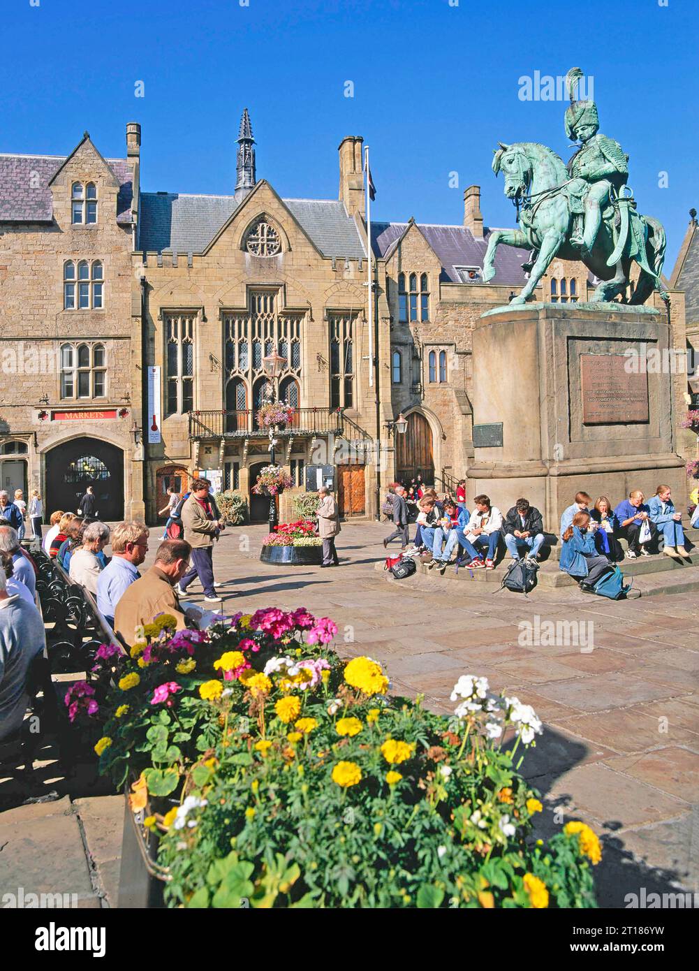 Historical 1997 archive image of the twice lifesize equestrian statue of Charles William Vane Stewart Third Marquis of Londonderry in its original placement in the Market Place in Durham where it turned green as a result of the electroplated copper covering. Repaired in 1951 then renovated in 2009 - 10, after which it was moved 16 metres south of its original position and is now (in 2022) coloured black and still in the Market Place County Durham Stock Photo