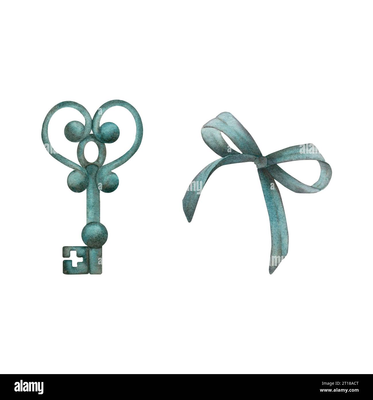 A watercolor set with a vintage key and a blue bow highlighted on a ...