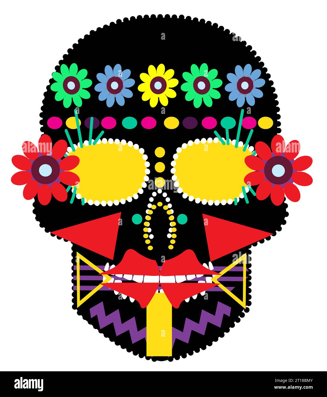 Mexican skull black color with flowers, vector. Day of the dead and fashion design background. Stock Photo