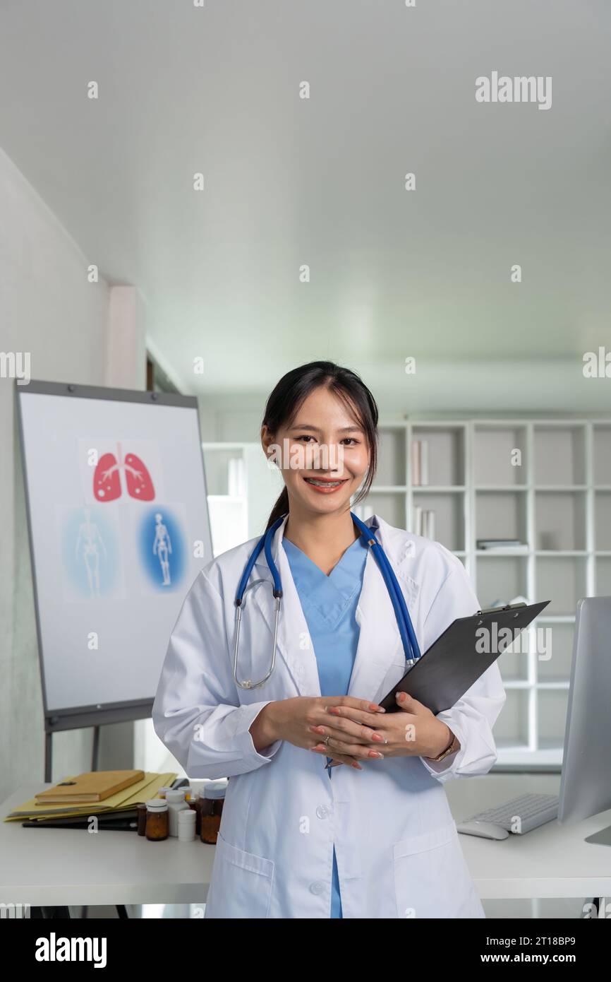 Doctor woman with clipboard for medical review, data research and