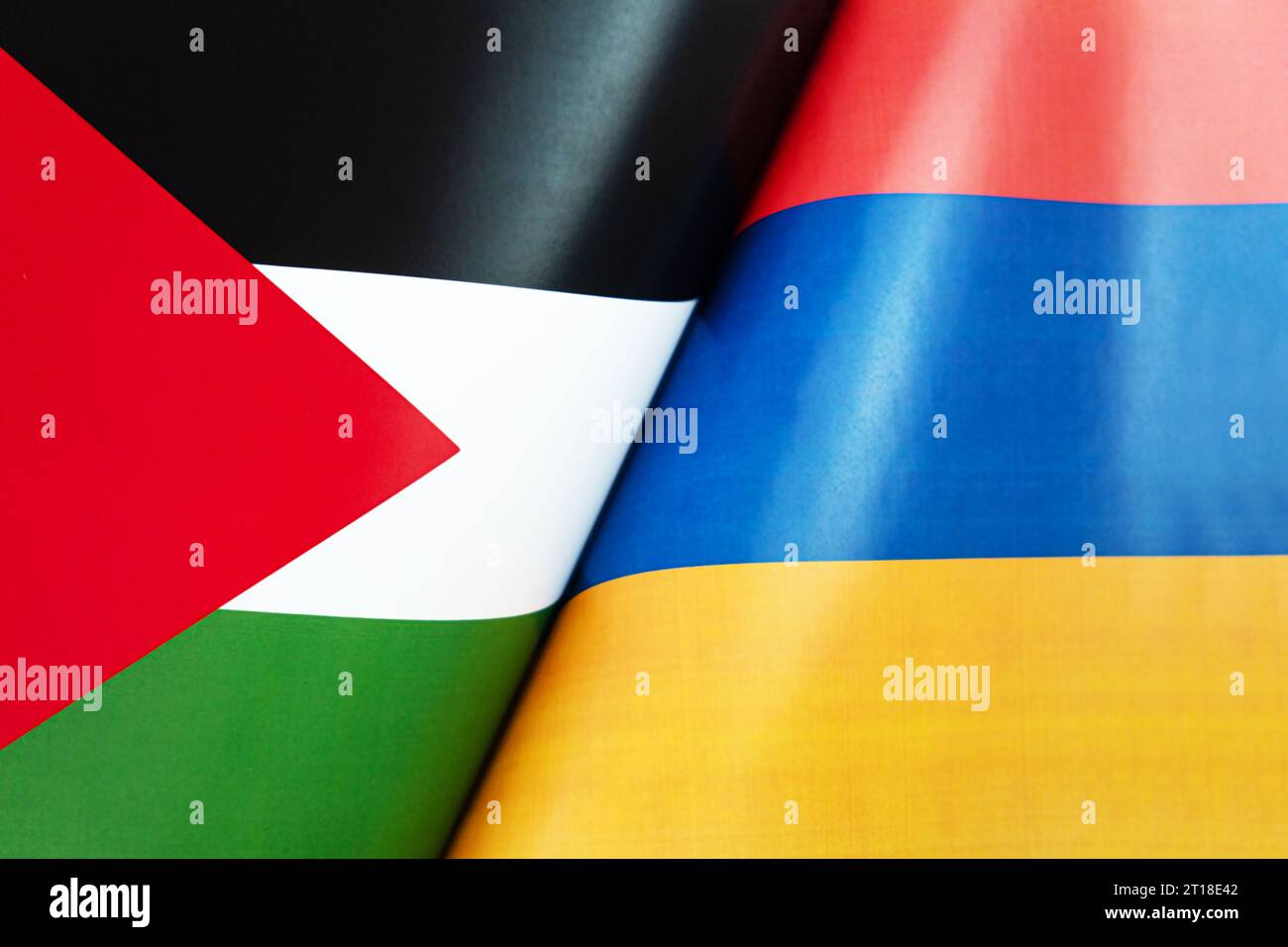 Flags of the palestine and armenia. The concept of international relations between countries. The concept of an alliance or a confrontation between tw Stock Photo