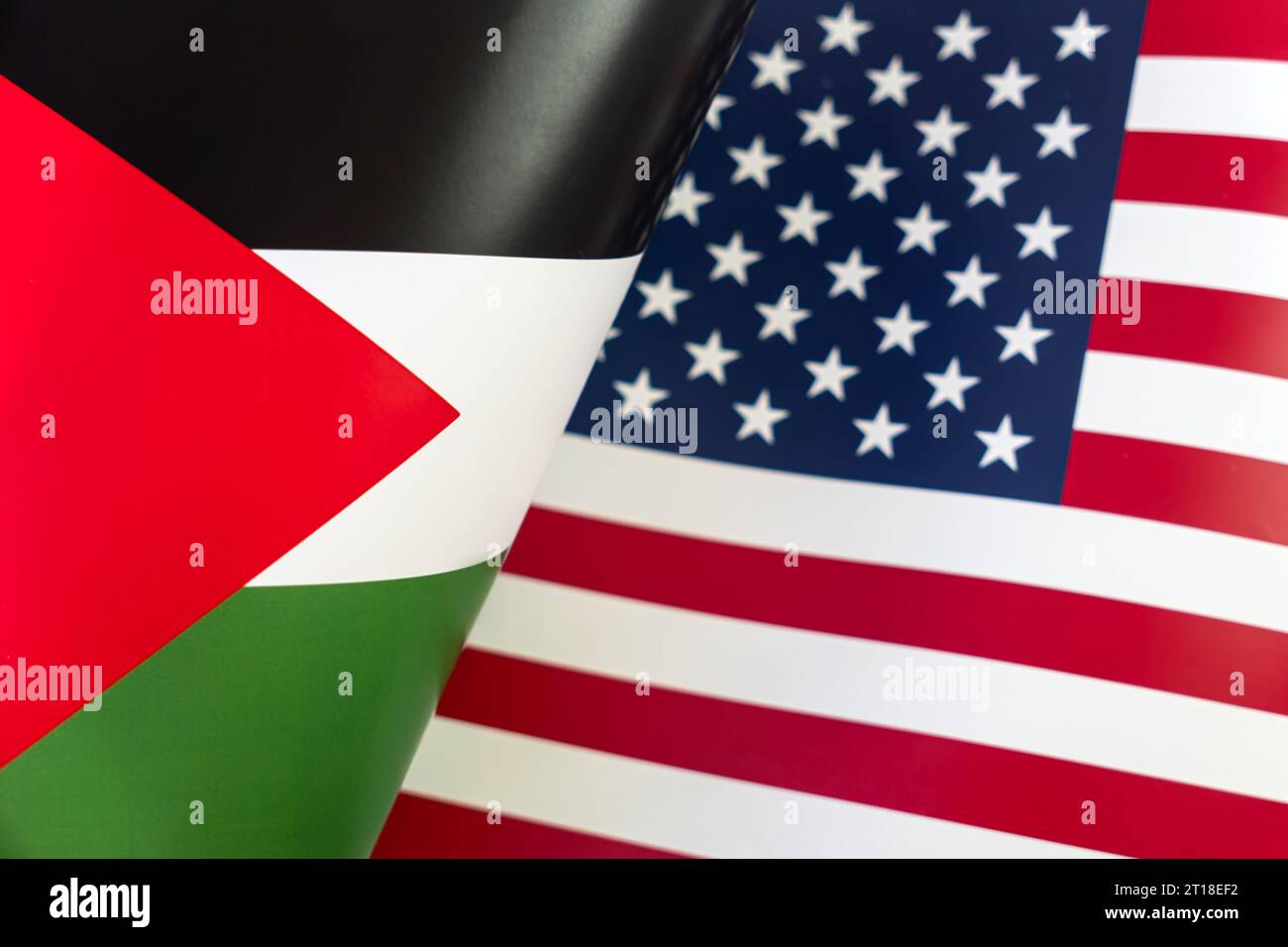 Background of the flags of the Palestine, USA. The concept of interaction or counteraction between the two countries. International relations. politic Stock Photo