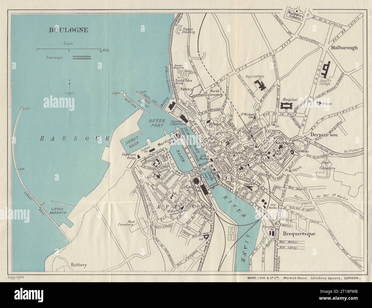 BOULOGNE vintage tourist town city plan. Pas-de-Calais. WARD LOCK 1924 old map Stock Photo