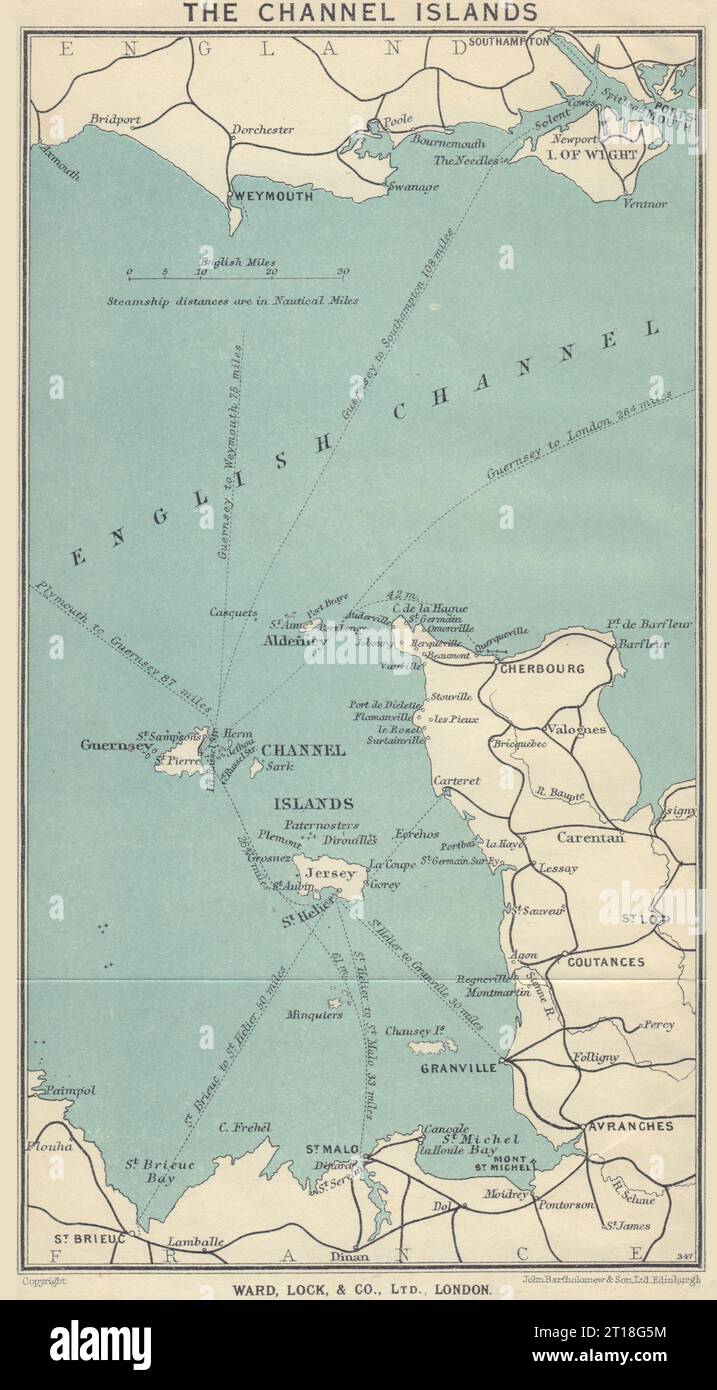 Ferry routes to the CHANNEL ISLANDS. Jersey Guernsey. WARD LOCK 1934 old map Stock Photo
