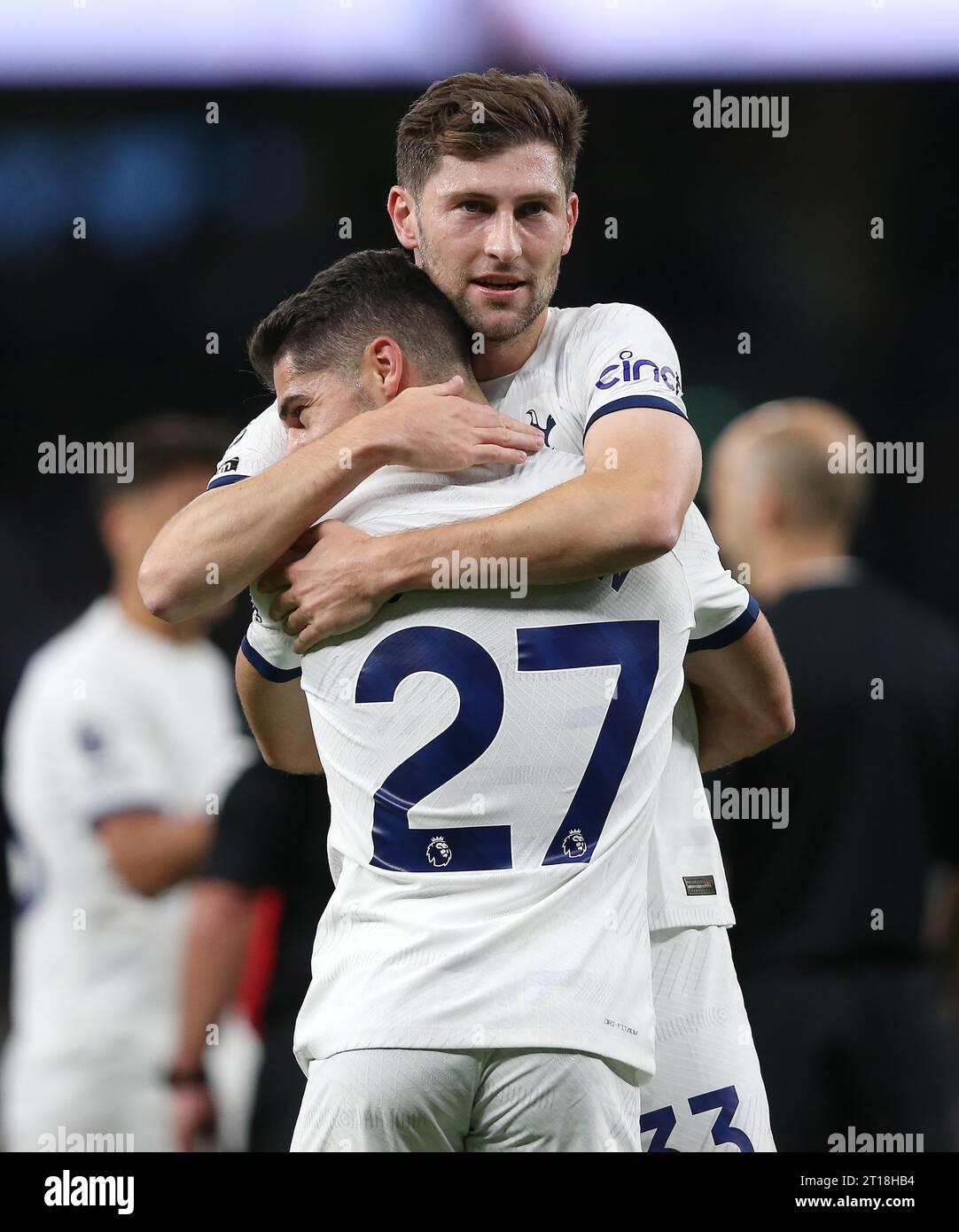 Ben Davies of Tottenham Hotspur celebrates the victory with Manor Solomon of Tottenham Hotspur. - Tottenham Hotspur v Liverpool, Premier League, Tottenham Hotspur Stadium, London, UK - 30th September 2023. Editorial Use Only - DataCo restrictions apply Stock Photo