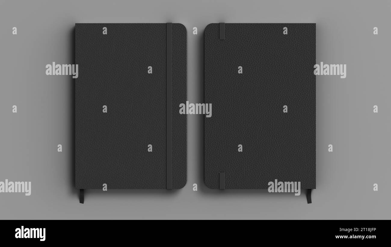 Black cover notebook mockup on gray background. Front and back view of