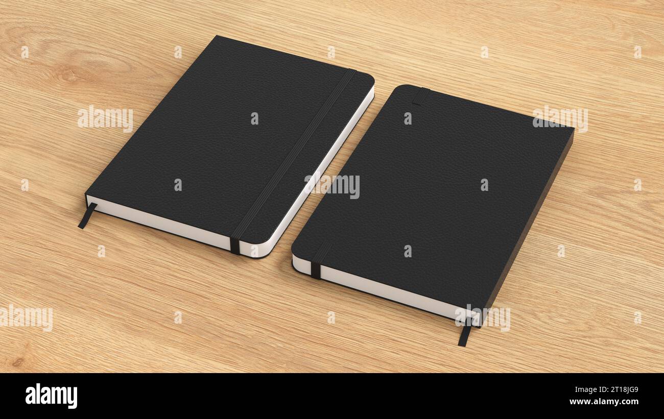 Black cover notebook mockup on wooden background. Front and back view
