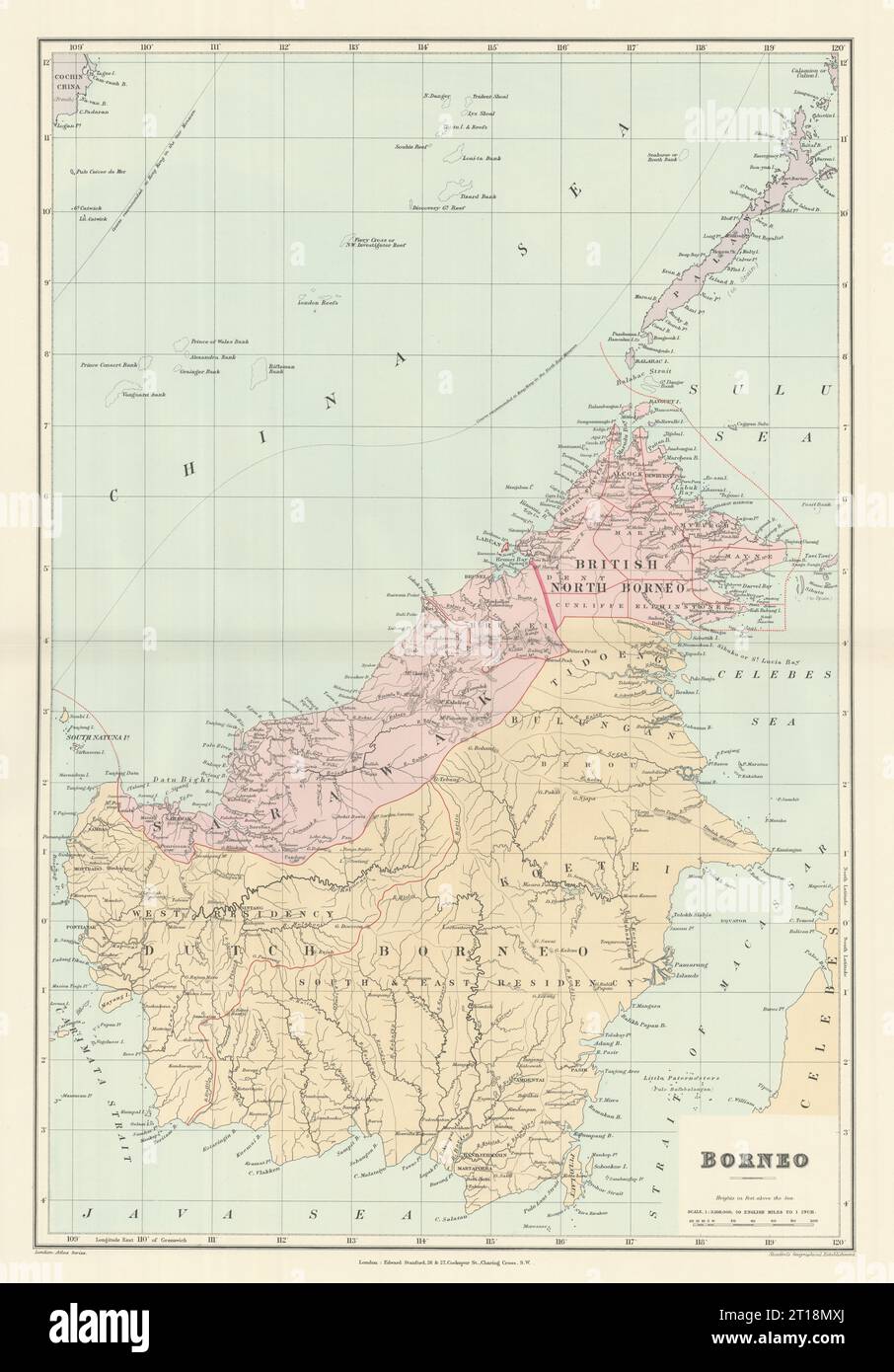 Dutch & British North Borneo Sarawak Kalimantan Palawan. STANFORD 1894 old map Stock Photo