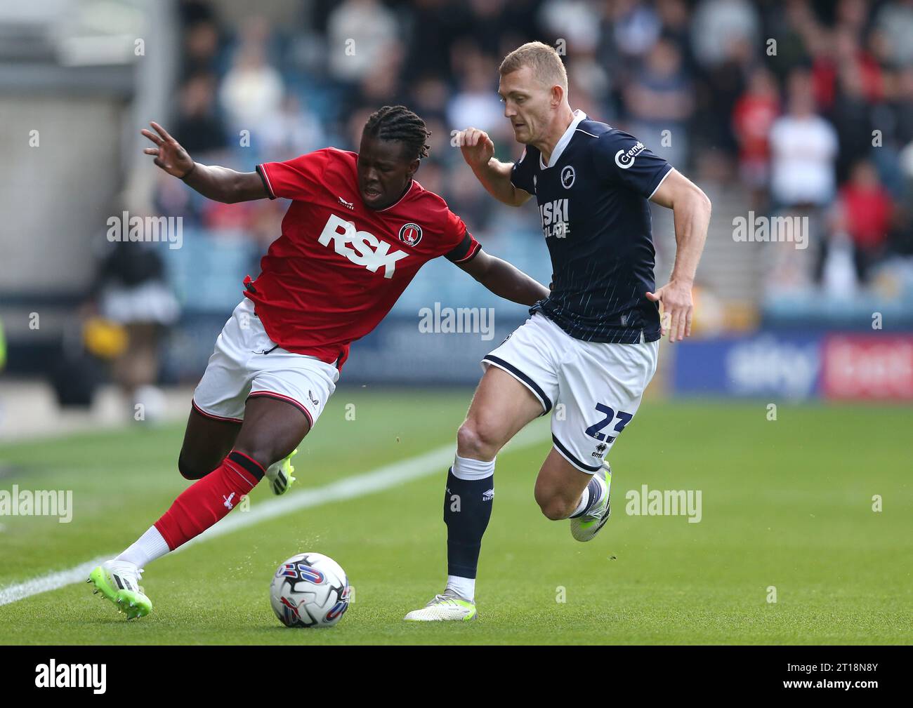 Karoy Anderson of Charlton Athletic battles George Saville of Millwall . - Millwall v Charlton Athletic, Pre Season Friendly, The New Den Stadium, London, UK - 25th July 2023. Editorial Use Only - DataCo restrictions apply Stock Photo