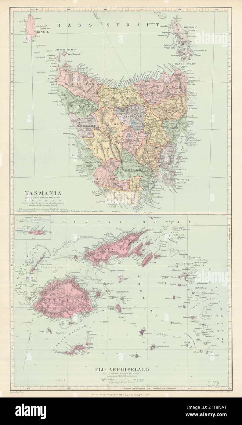 Tasmania & Fiji Archipelago. Vanua Levu. Viti Levu. STANFORD 1894 old map Stock Photo