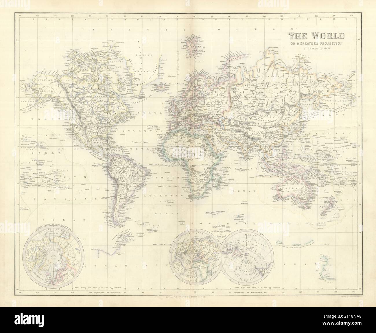 The World on Mercator's Projection. SWANSTON 1860 old antique map plan 