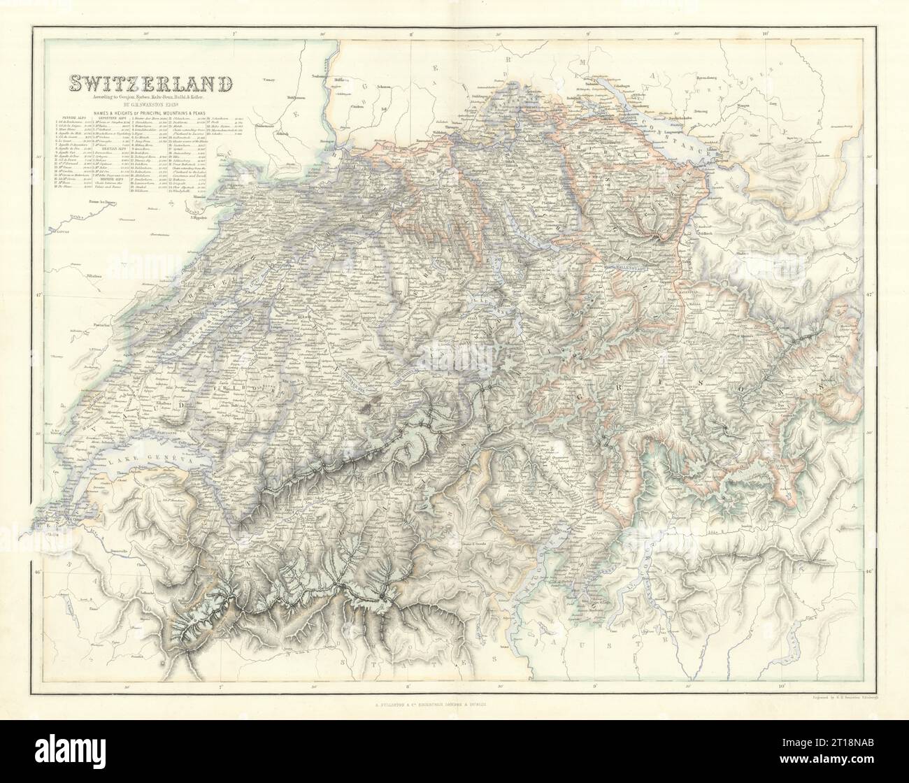 Switzerland with table of 40 highest alpine peaks. SWANSTON 1860 old map Stock Photo