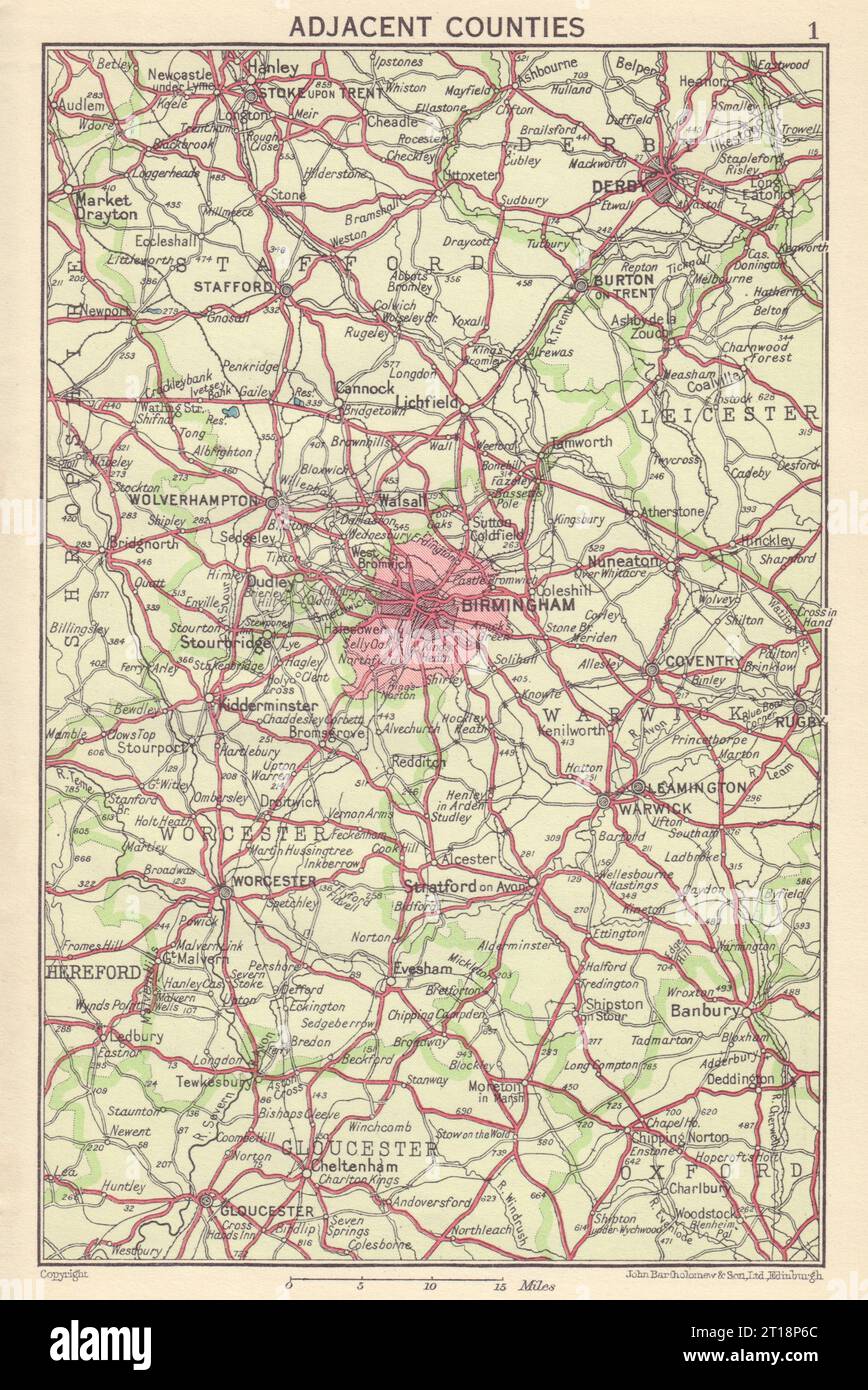 BIRMINGHAM Adjacent Counties. West Midlands. Derby Gloucester 1954 old map Stock Photo