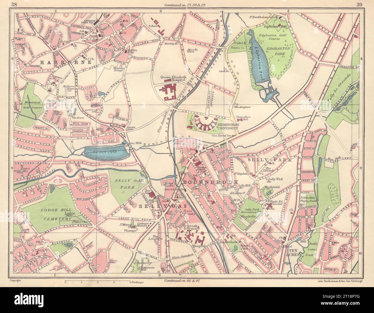 BIRMINGHAM SOUTH WEST Harborne Selly Oak/Park Bournbrook Edgbaston 1954 map Stock Photo