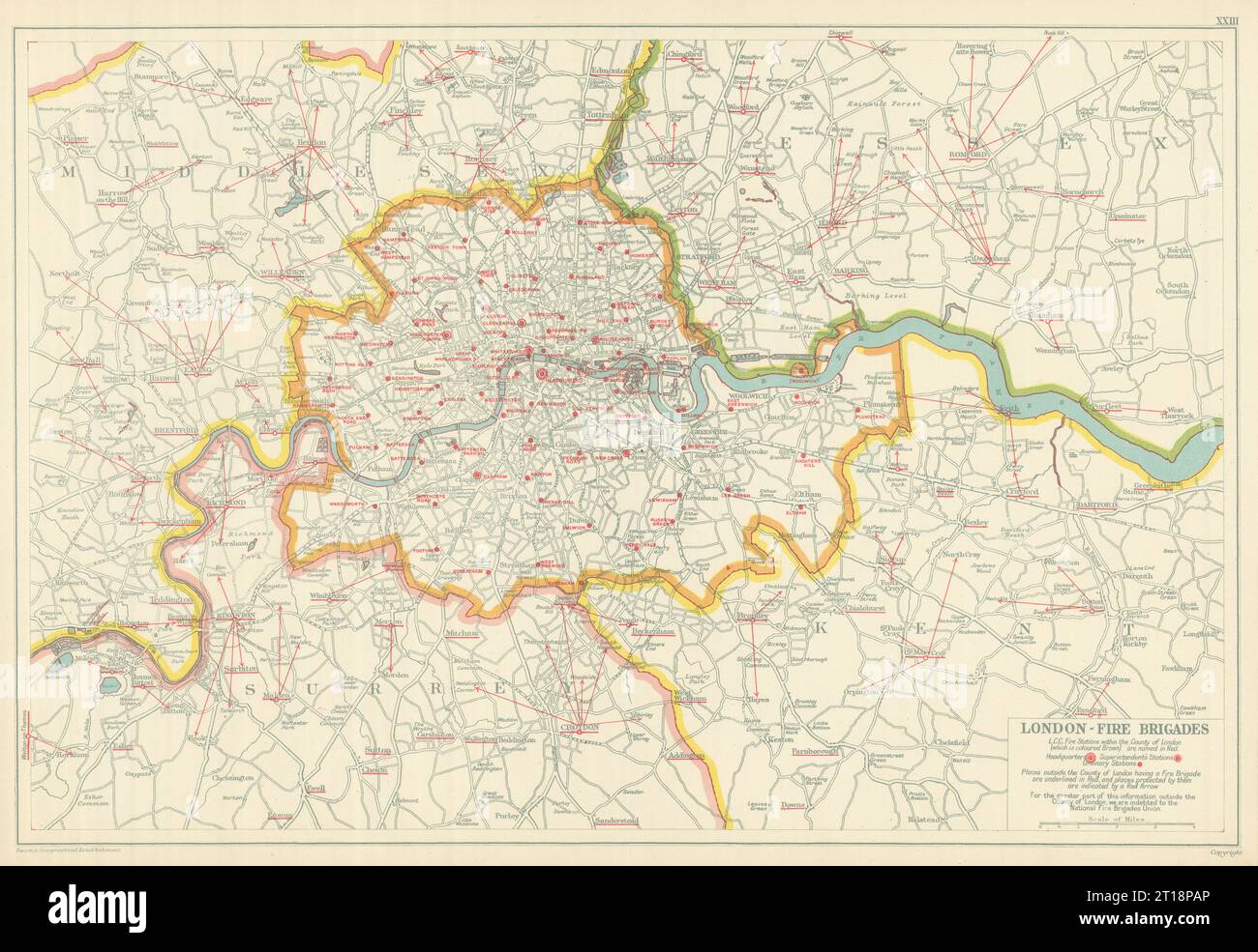 LONDON FIRE BRIGADE. Showing Fire Brigade Stations. Vintage map. BACON 1919 Stock Photo