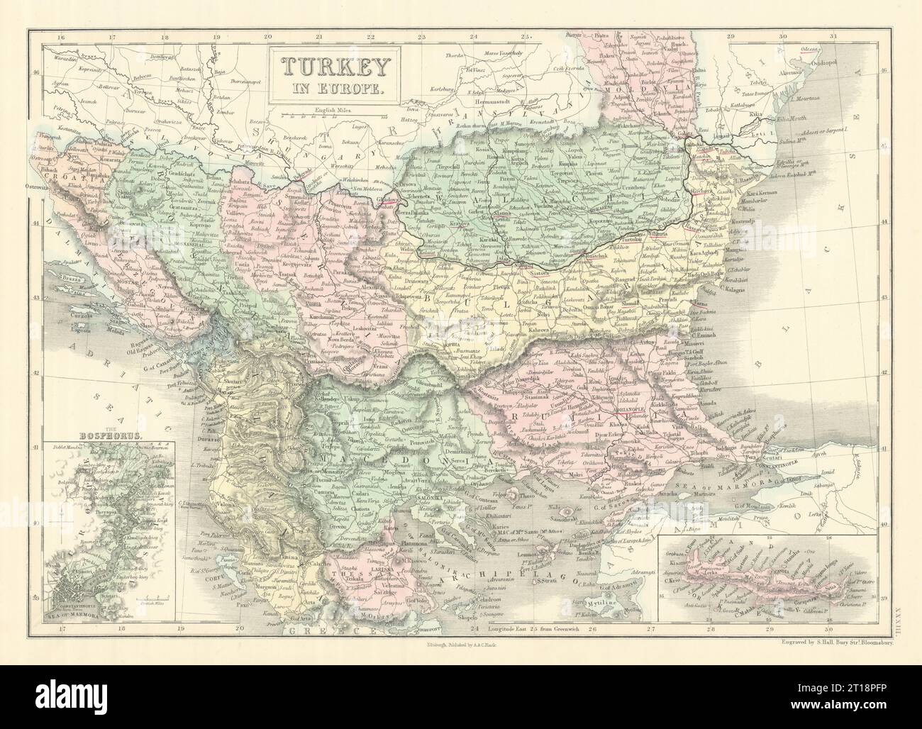 Turkey in Europe. Inset The Bosphorus. Balkans. SIDNEY HALL 1854 old map Stock Photo