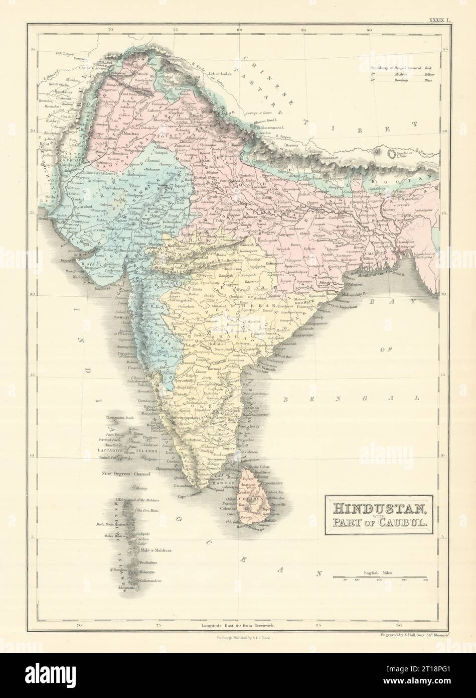 Hindustan with part of Caubul. British India & Afghanistan. SIDNEY HALL 1854 map Stock Photo