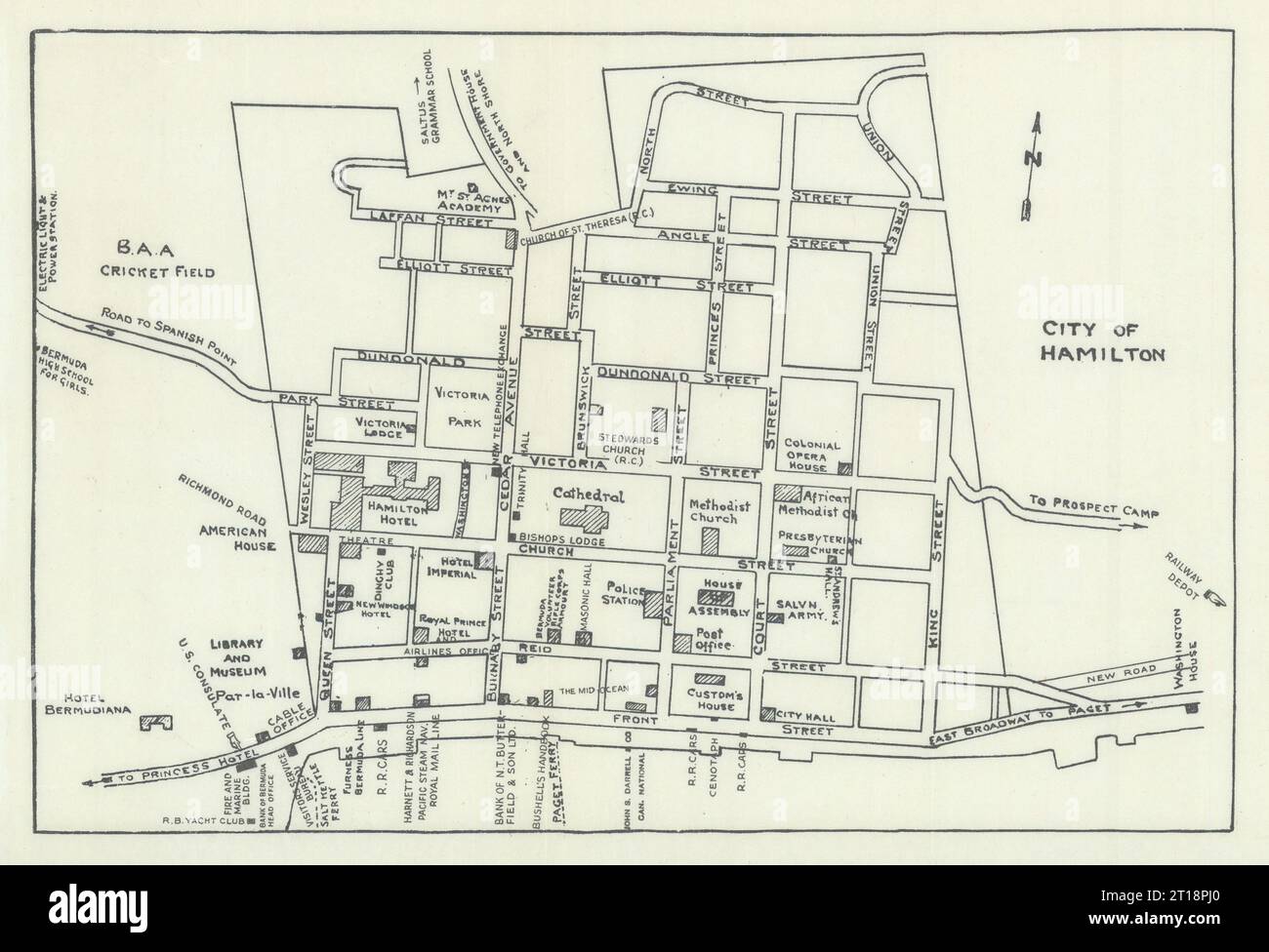 Hamilton, Bermuda town / city plan by John Bushell 1938 old vintage map chart Stock Photo