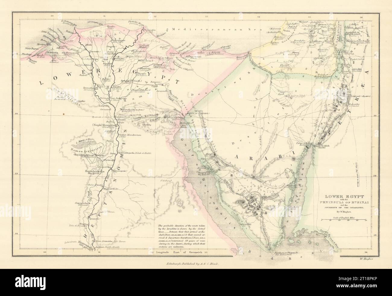 Lower Egypt, Sinai peninsula & Exodus of the Israelites. WILLIAM HUGHES 1854 map Stock Photo