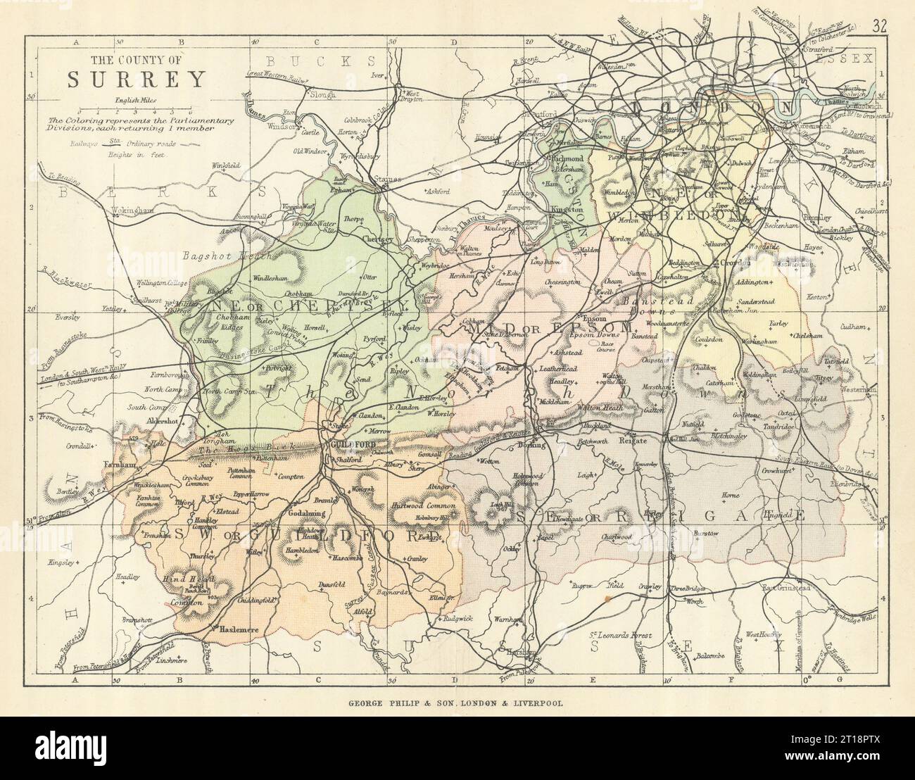 SURREY. Antique county map. Railways roads. Constituencies. London. PHILIP 1889 Stock Photo