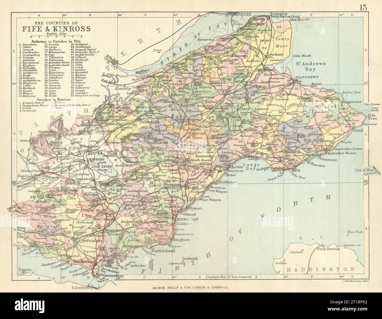 'The Counties of Fife & Kinross'. Kinross-shire. Parishes. BARTHOLOMEW 1886 map Stock Photo